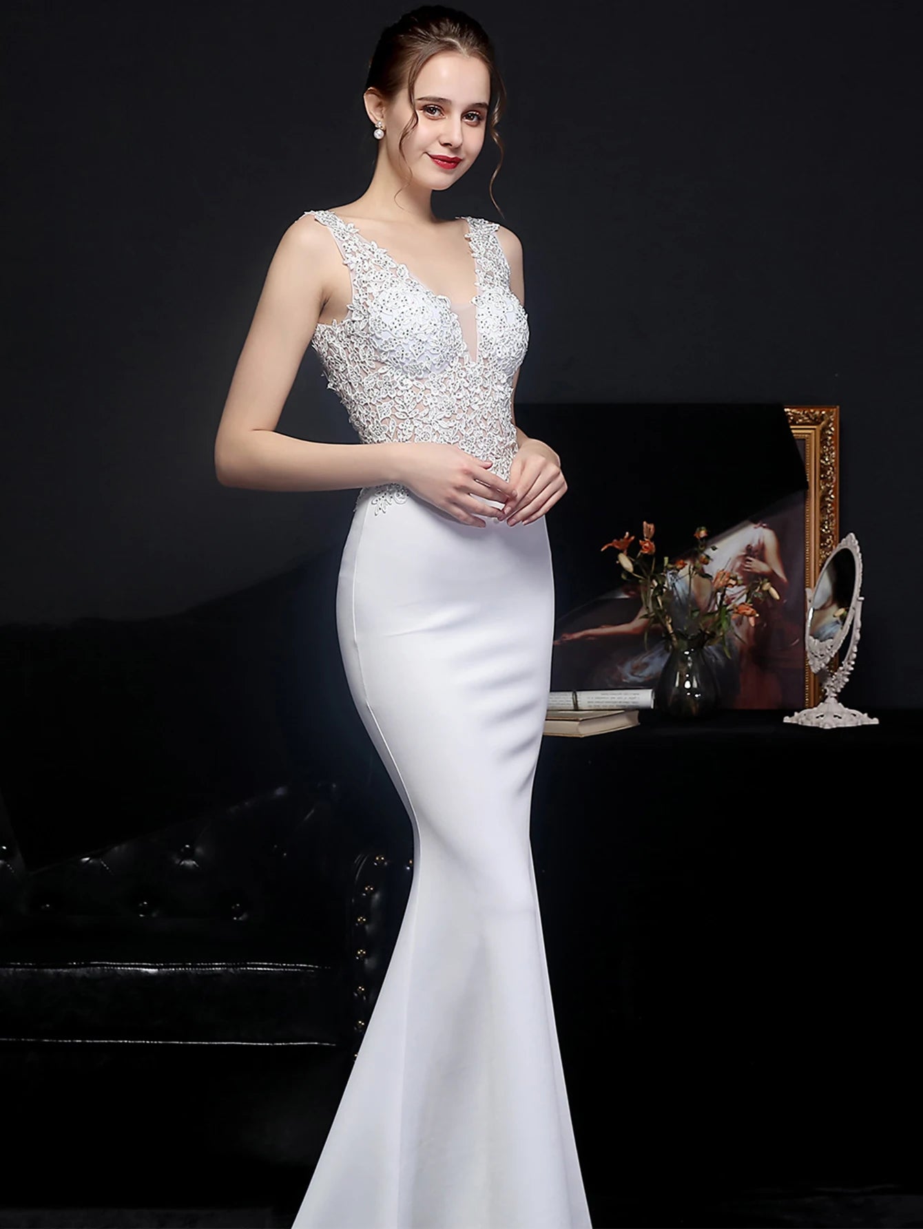 Elegant Backless Spaghetti Strap Rhinestone Lace Maxi Dress