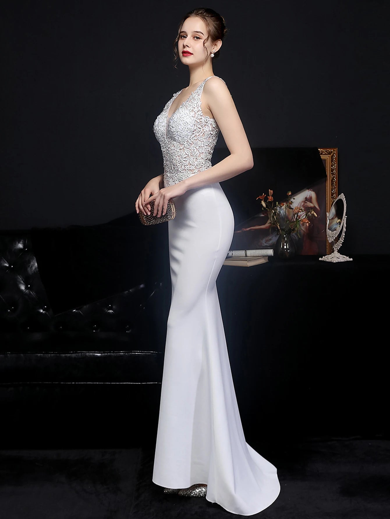Elegant Backless Spaghetti Strap Rhinestone Lace Maxi Dress