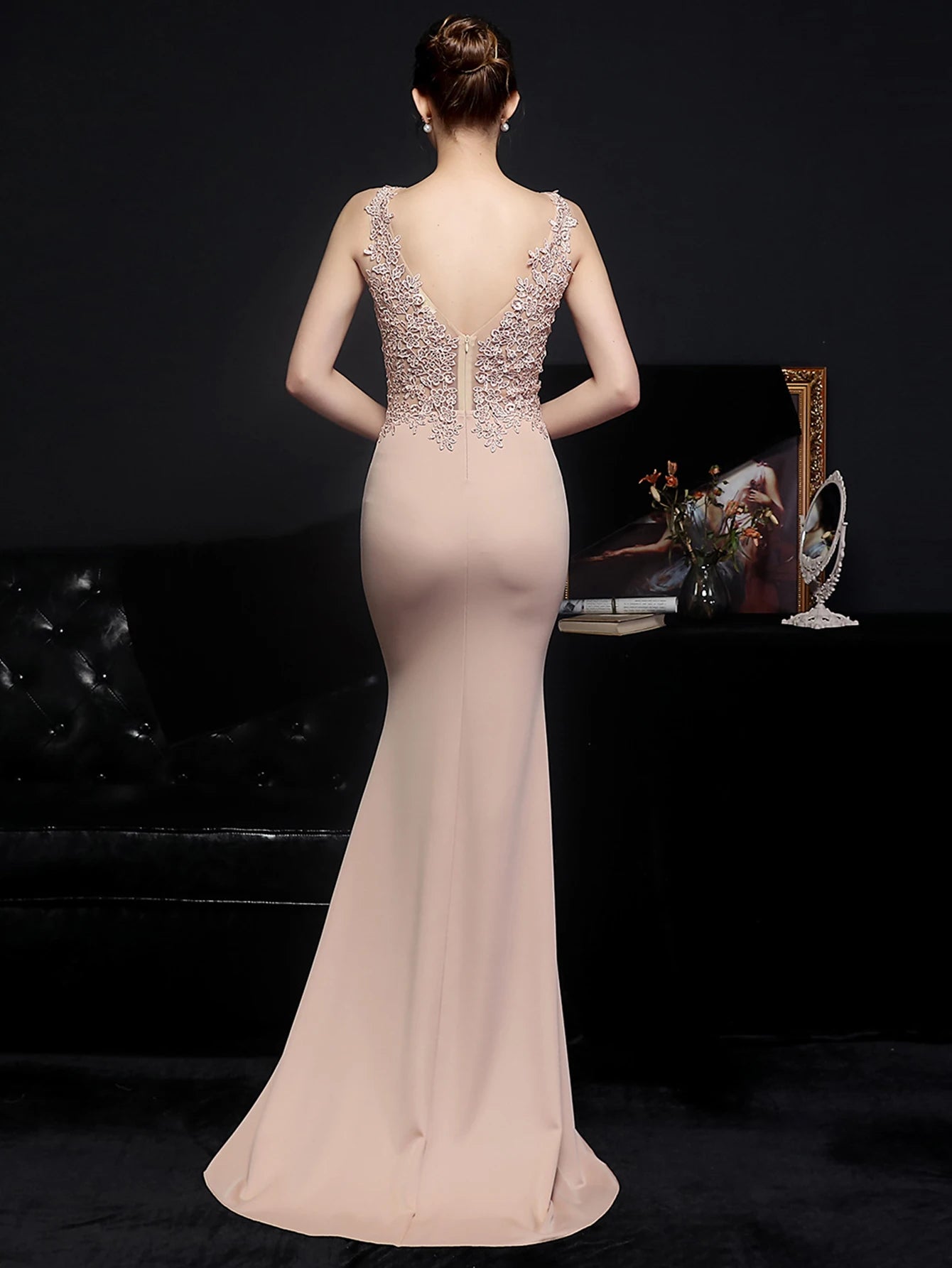 Elegant Backless Spaghetti Strap Rhinestone Lace Maxi Dress
