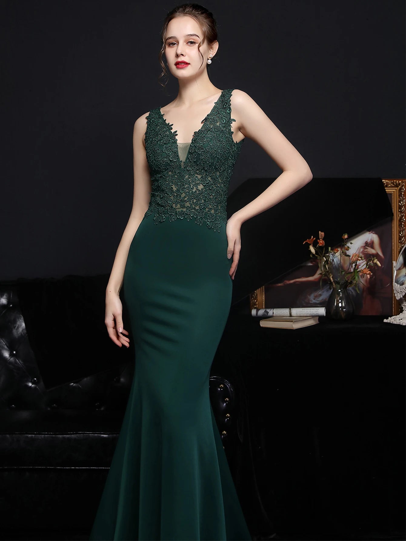 Elegant Backless Spaghetti Strap Rhinestone Lace Maxi Dress