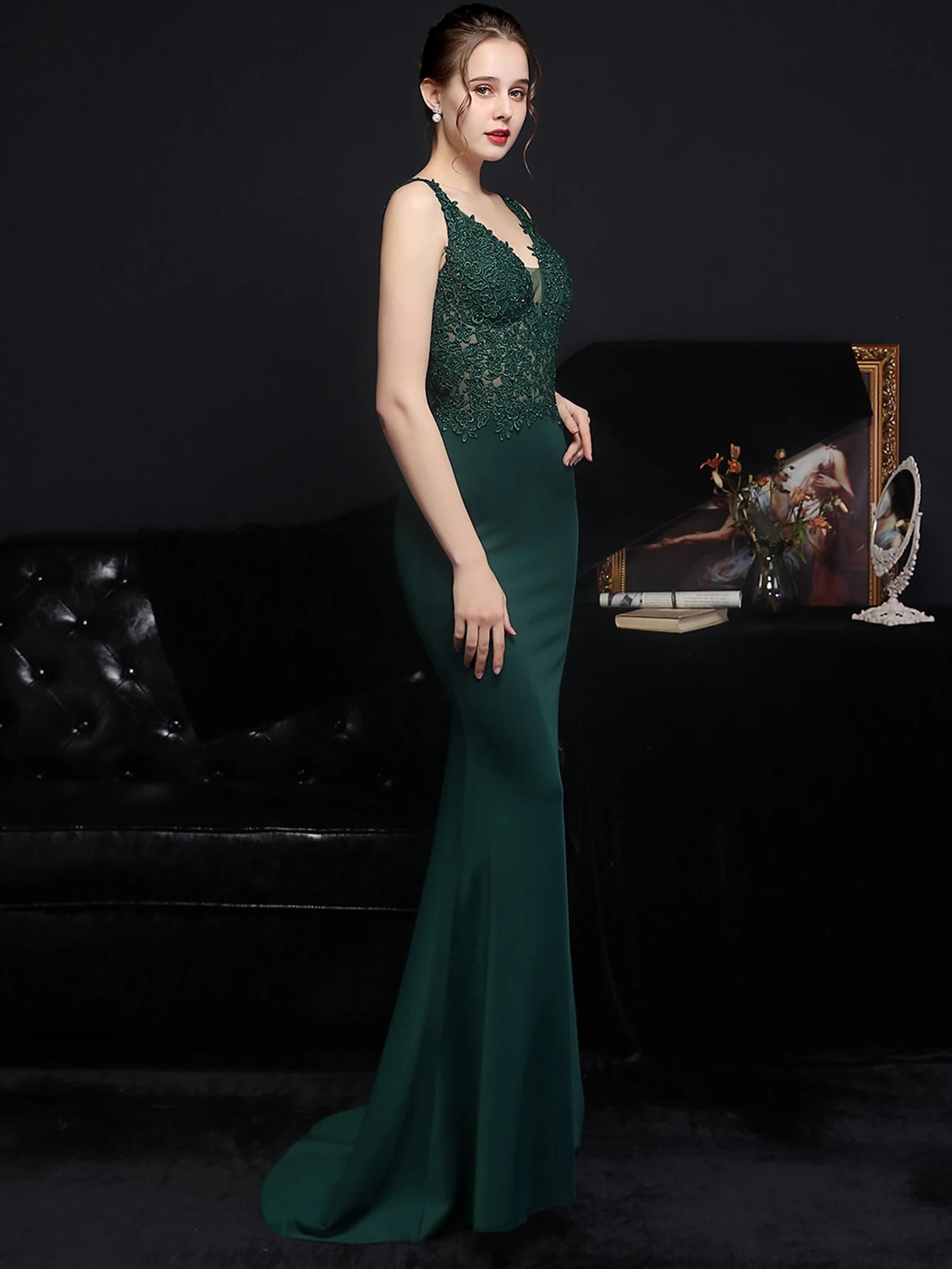 Elegant Backless Spaghetti Strap Rhinestone Lace Maxi Dress