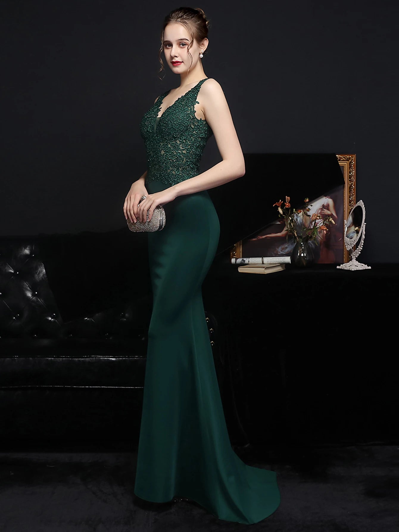 Elegant Backless Spaghetti Strap Rhinestone Lace Maxi Dress