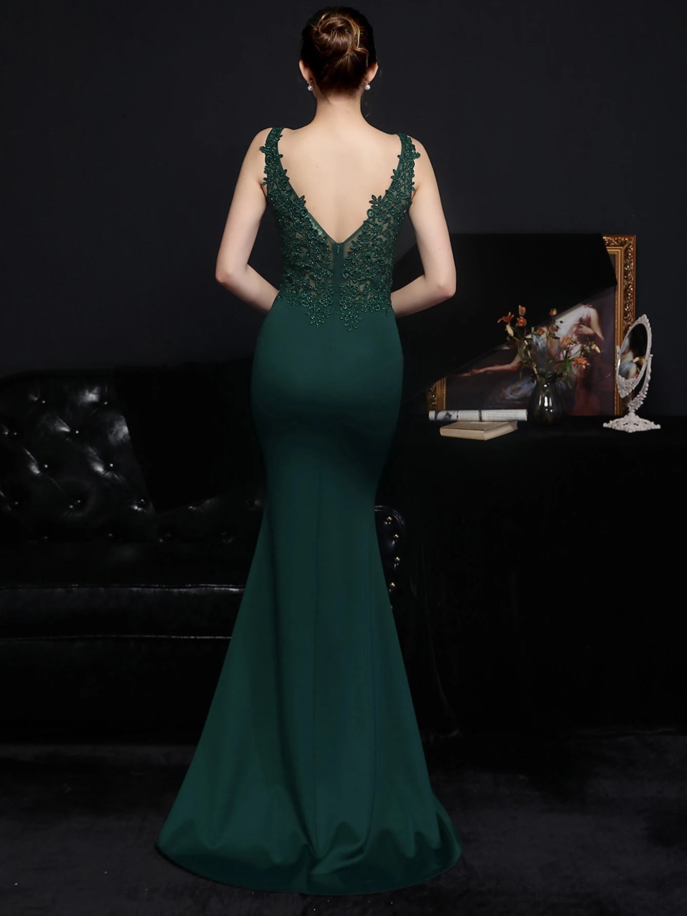 Elegant Backless Spaghetti Strap Rhinestone Lace Maxi Dress