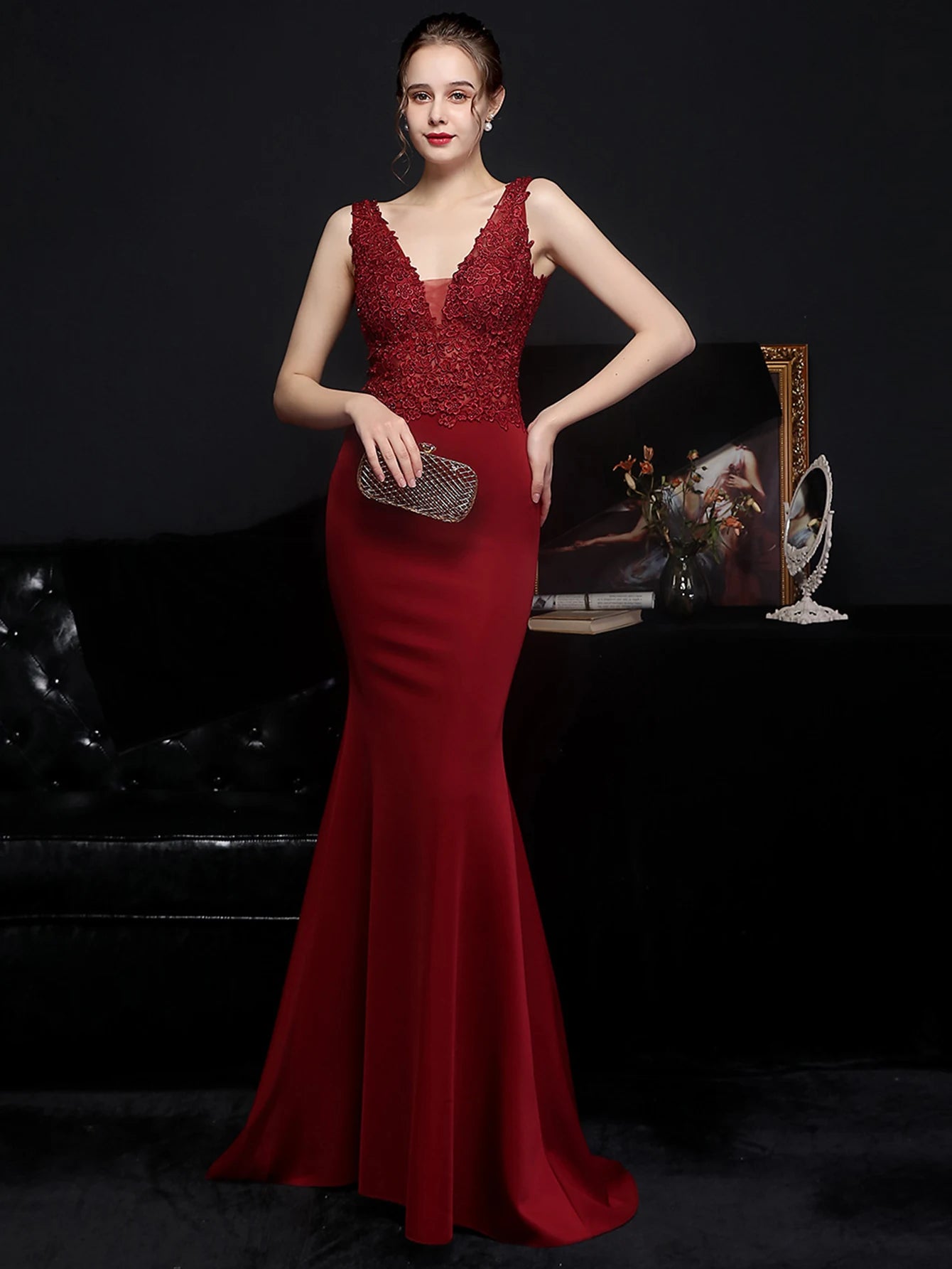 Elegant Backless Spaghetti Strap Rhinestone Lace Maxi Dress