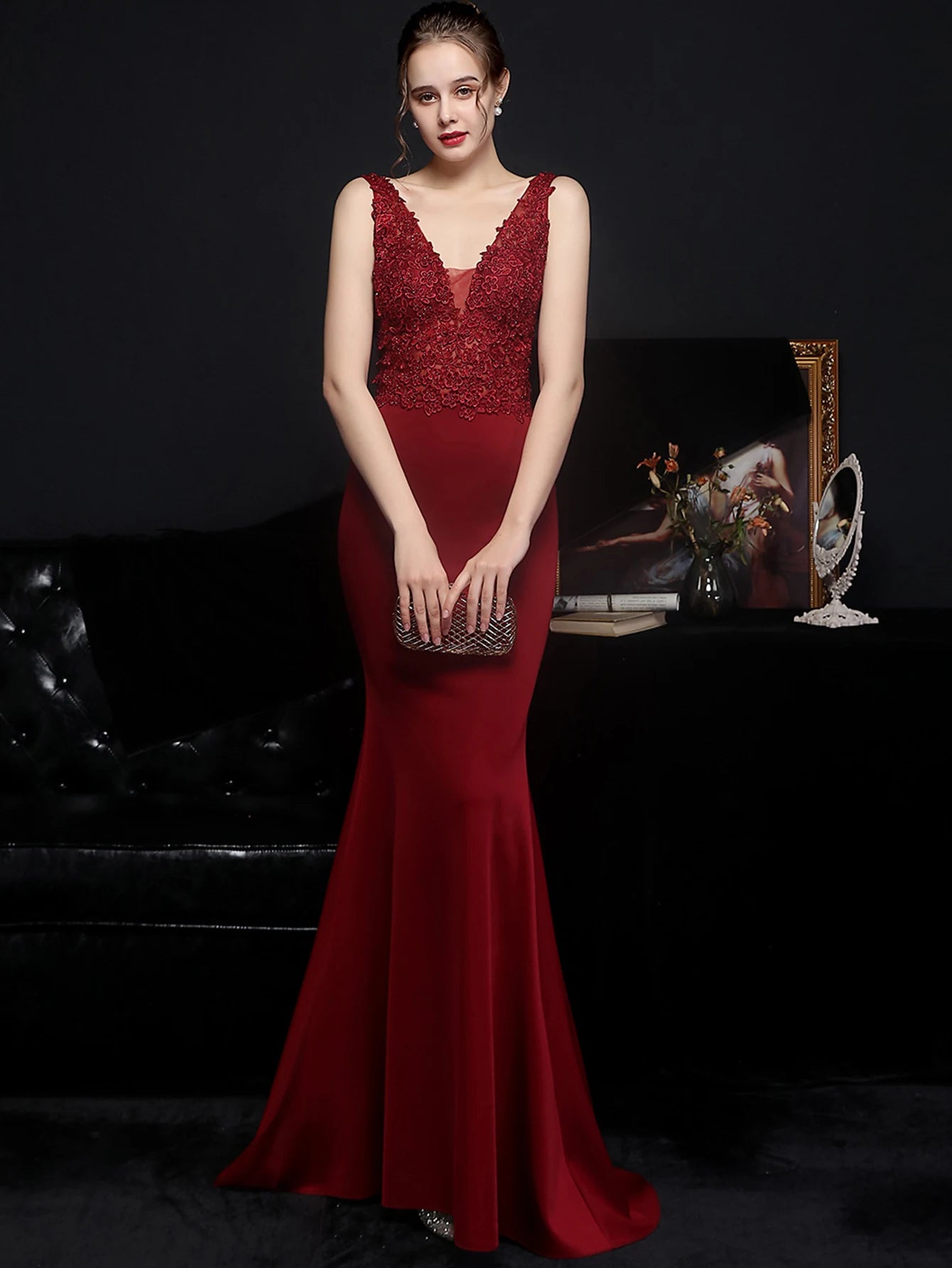 Elegant Backless Spaghetti Strap Rhinestone Lace Maxi Dress