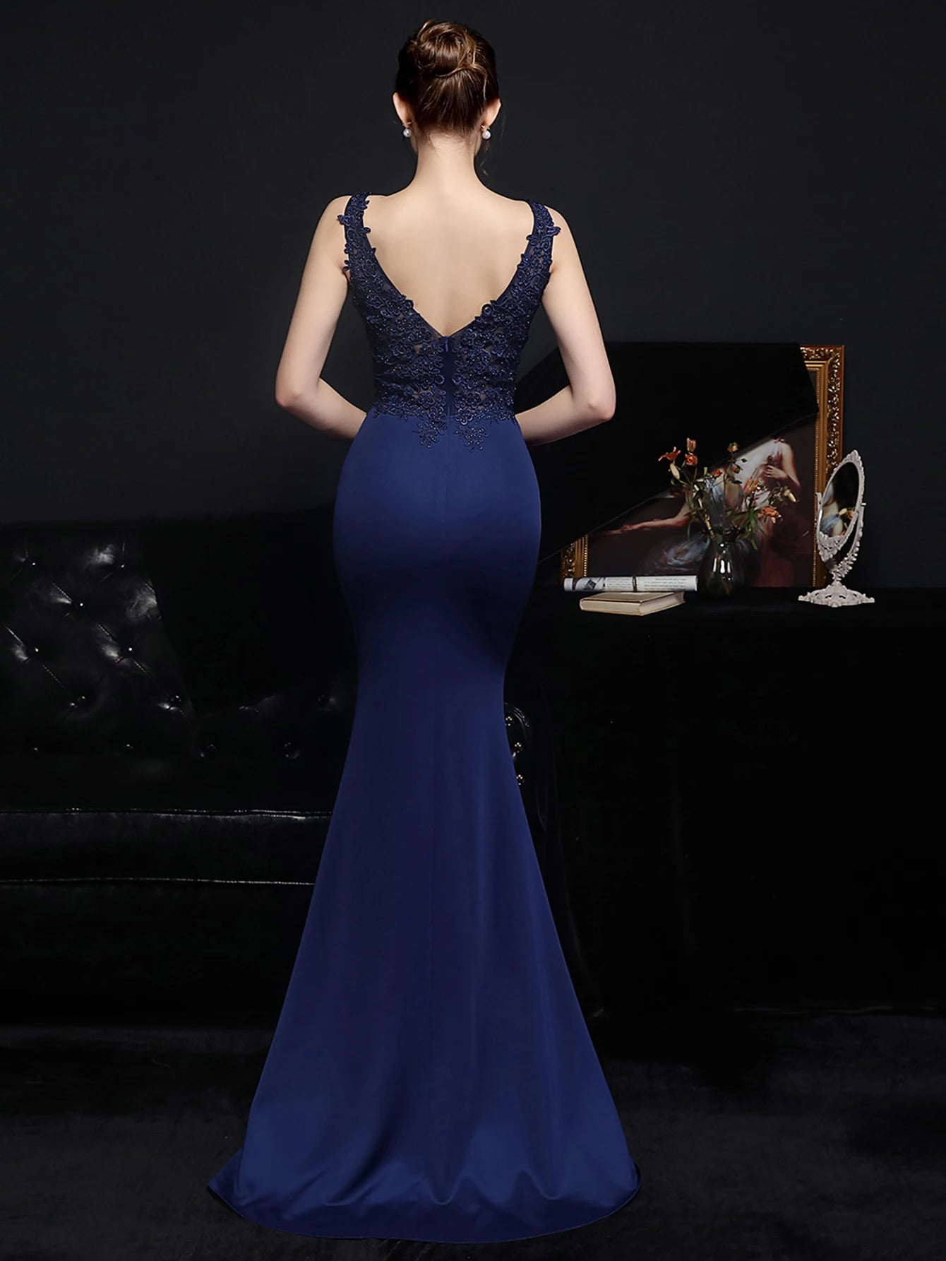 Elegant Backless Spaghetti Strap Rhinestone Lace Maxi Dress