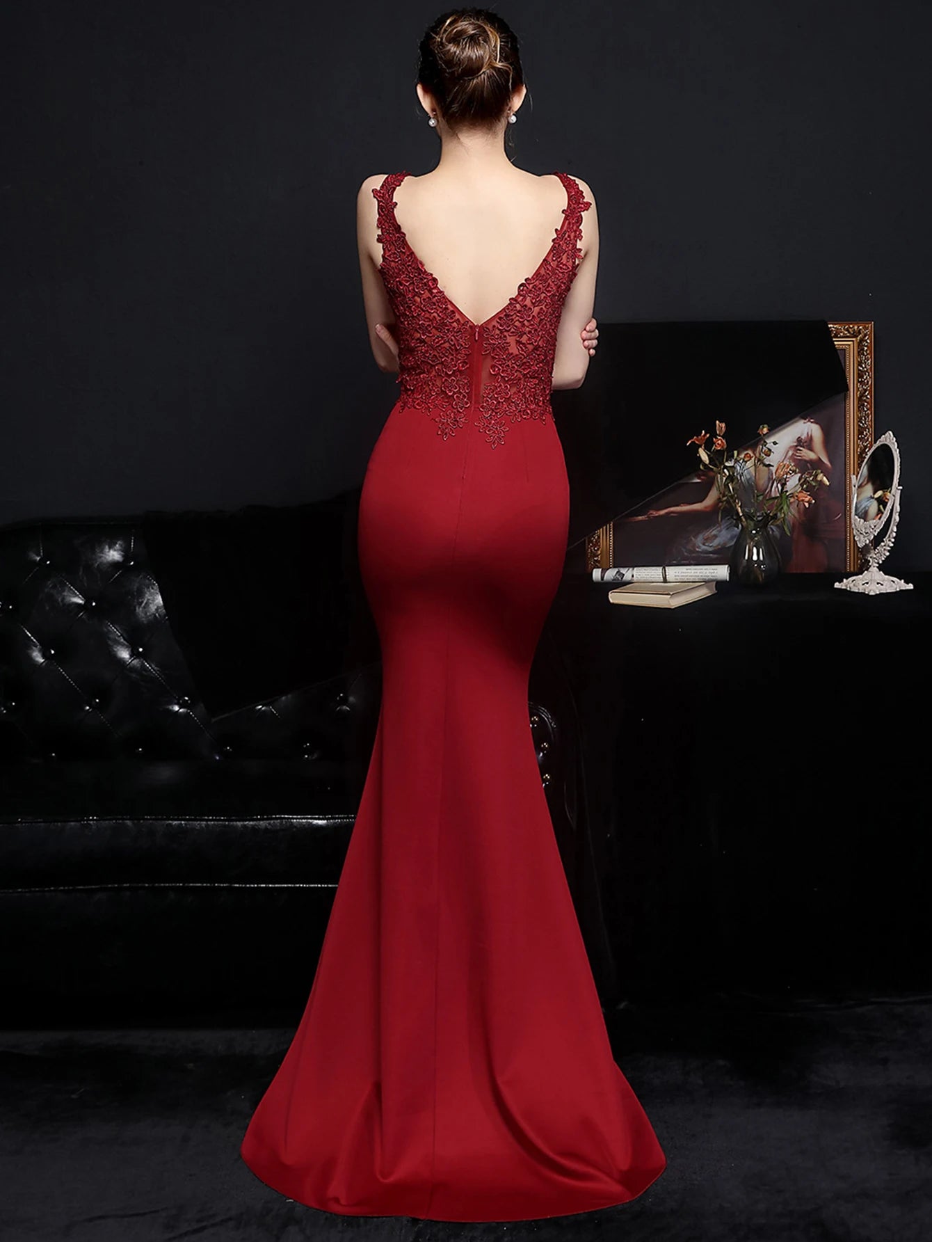 Elegant Backless Spaghetti Strap Rhinestone Lace Maxi Dress