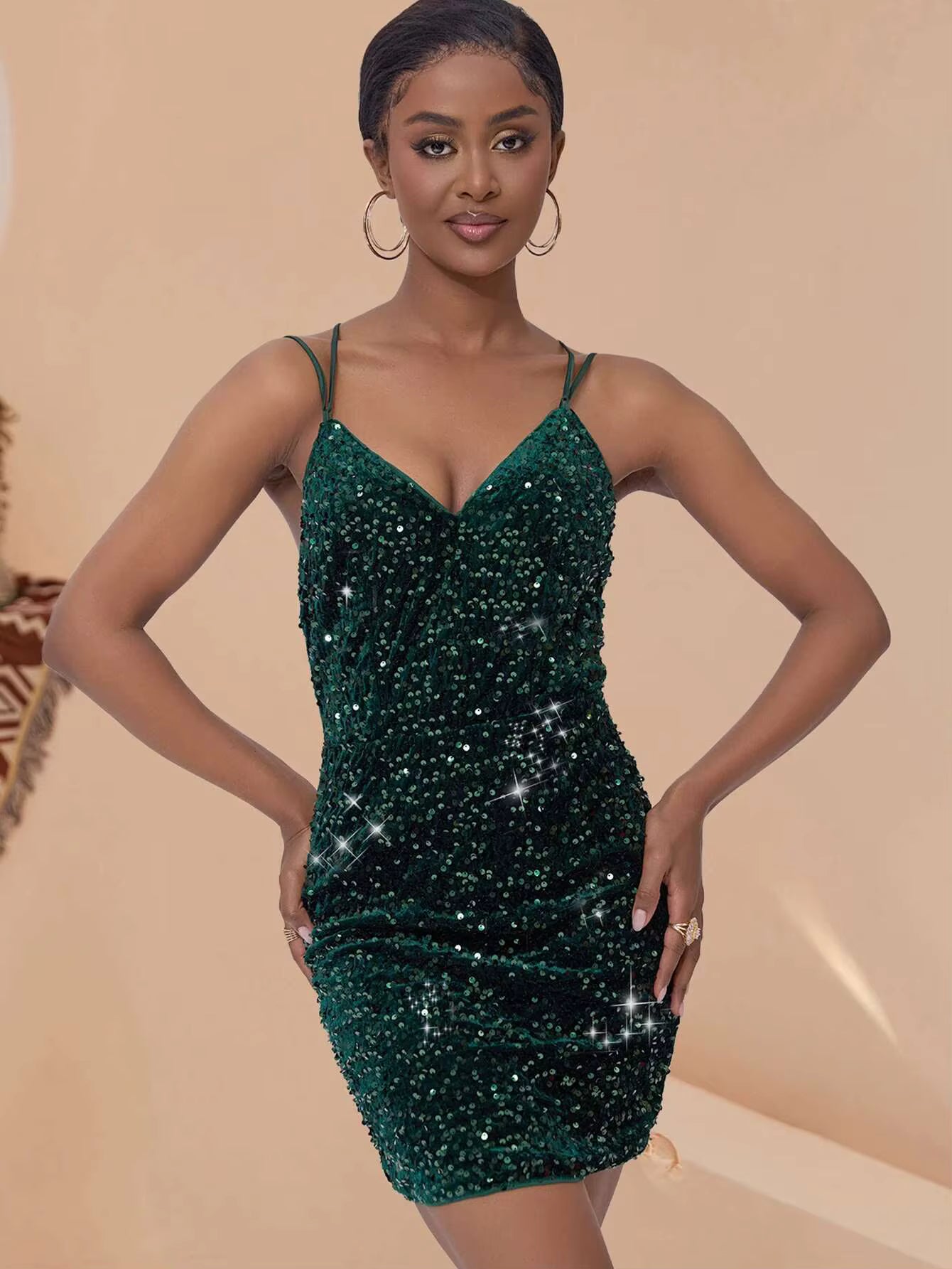 Elegant Backless Spaghetti Strap Sequin Mini Bodycon Dresses