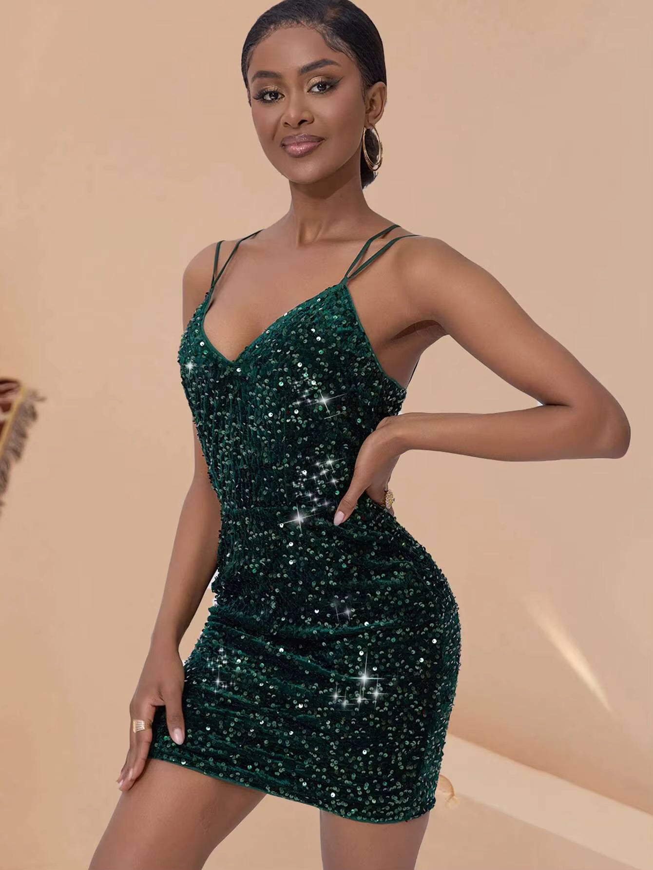 Elegant Backless Spaghetti Strap Sequin Mini Bodycon Dresses
