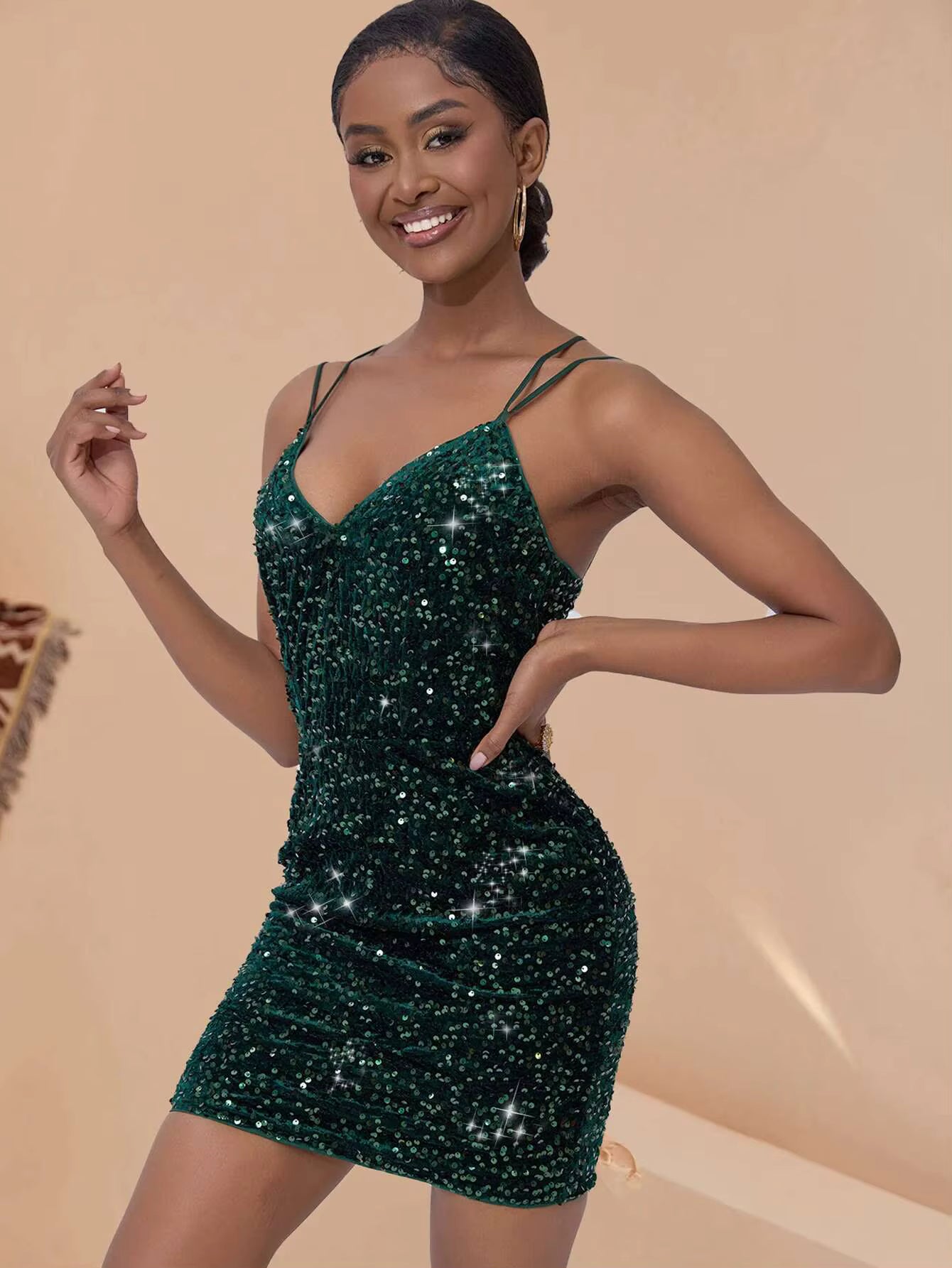 Elegant Backless Spaghetti Strap Sequin Mini Bodycon Dresses