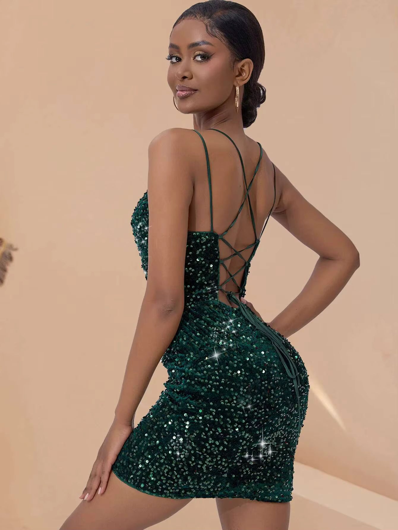 Elegant Backless Spaghetti Strap Sequin Mini Bodycon Dresses