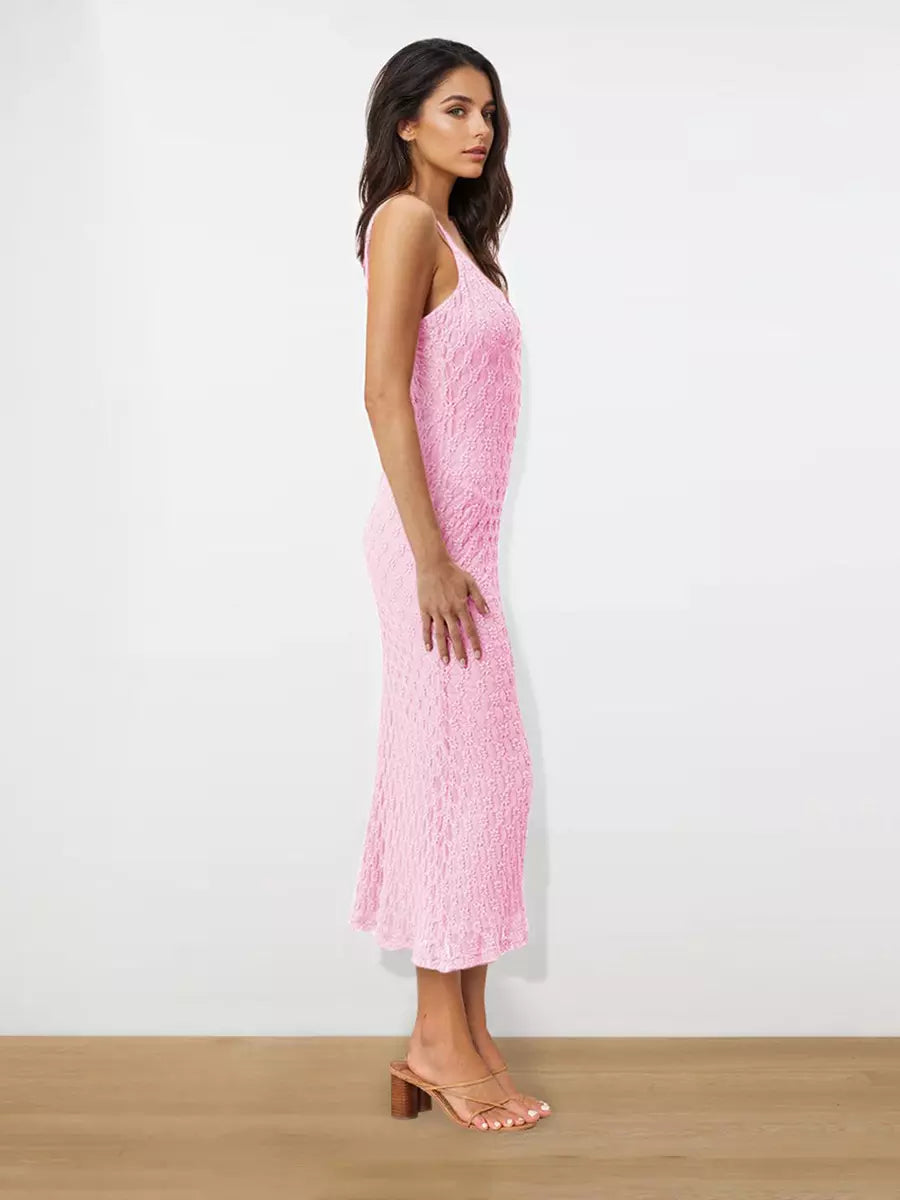 Elegant Backless Spaghetti Straps Sleeveless Lace Midi Dress