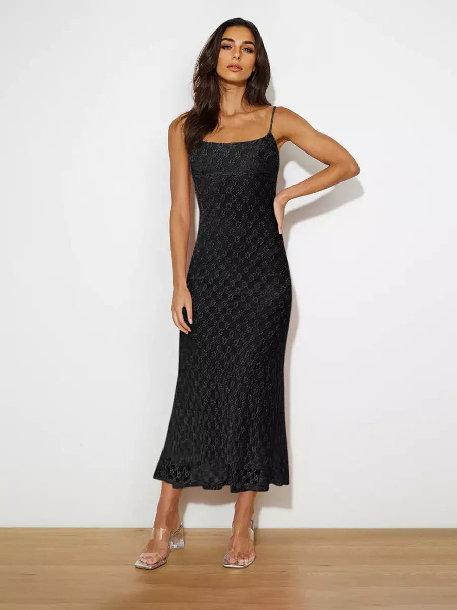 Elegant Backless Spaghetti Straps Sleeveless Lace Midi Dress