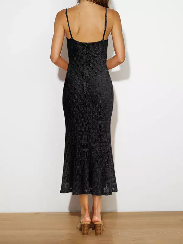 Elegant Backless Spaghetti Straps Sleeveless Lace Midi Dress