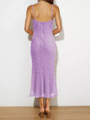 Elegant Backless Spaghetti Straps Sleeveless Lace Midi Dress