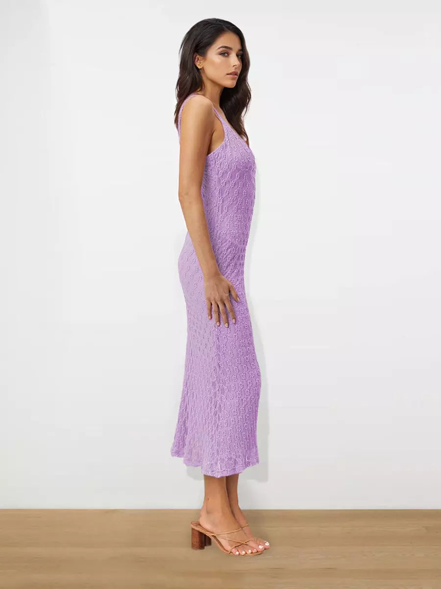 Elegant Backless Spaghetti Straps Sleeveless Lace Midi Dress