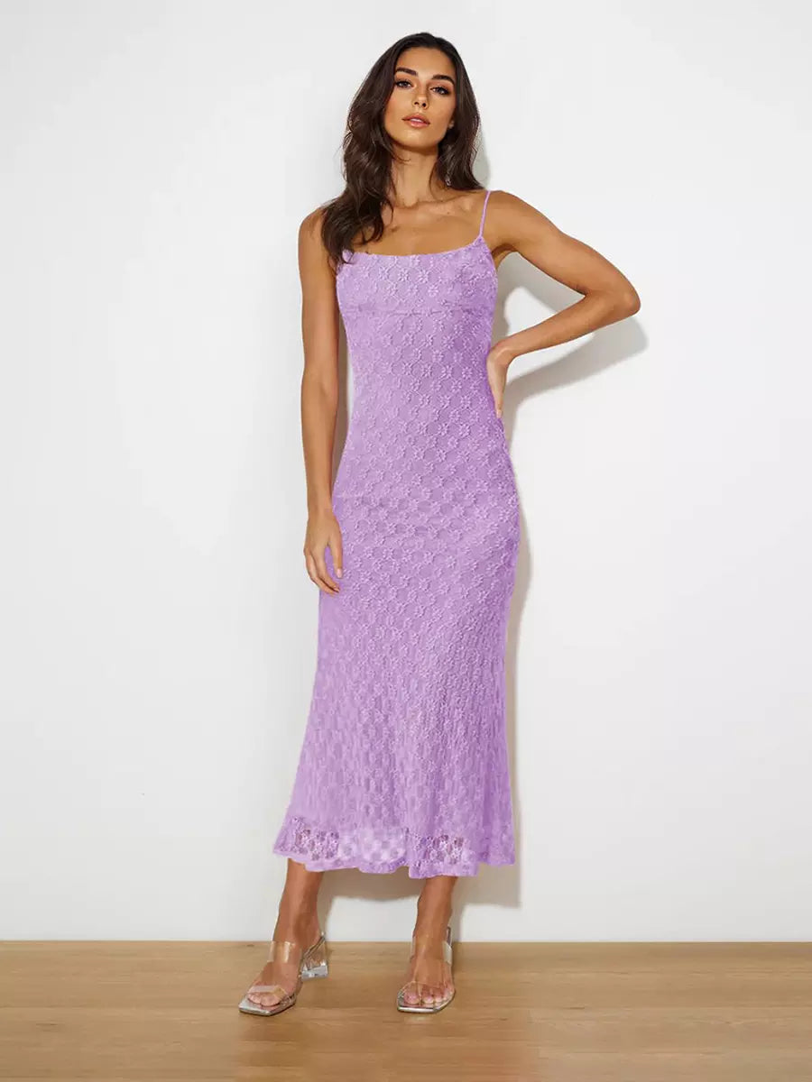 Elegant Backless Spaghetti Straps Sleeveless Lace Midi Dress