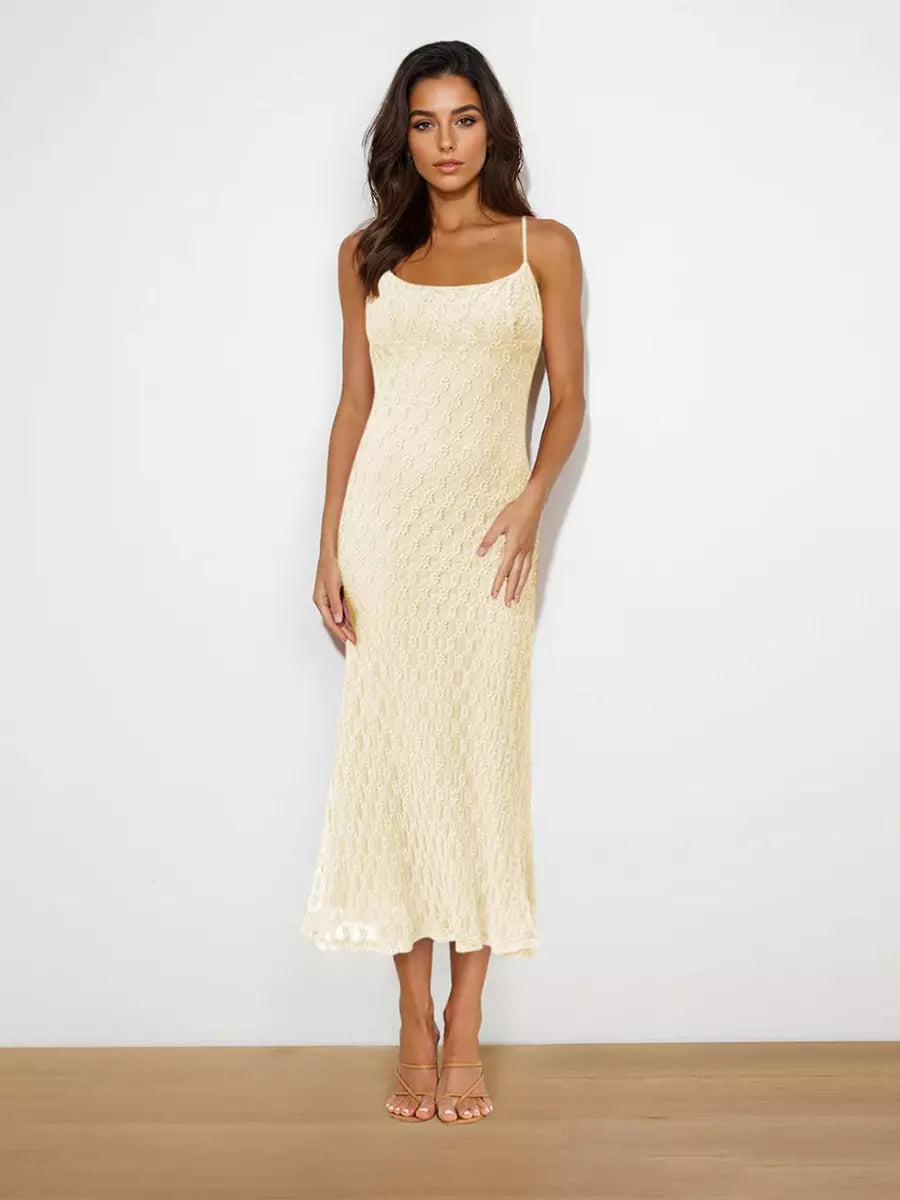 Elegant Backless Spaghetti Straps Sleeveless Lace Midi Dress