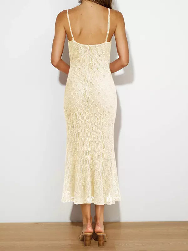 Elegant Backless Spaghetti Straps Sleeveless Lace Midi Dress