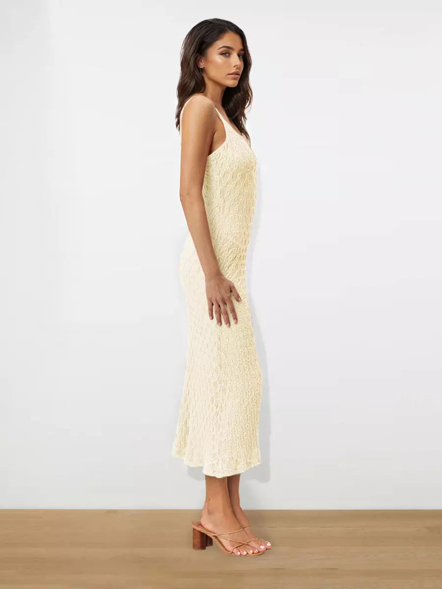 Elegant Backless Spaghetti Straps Sleeveless Lace Midi Dress