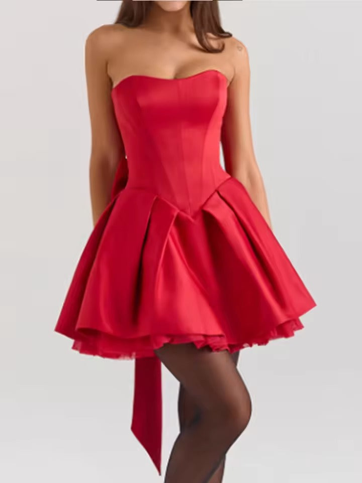 Elegant Backless Strapless High Waist Pleated A-line Bow Mini Dress