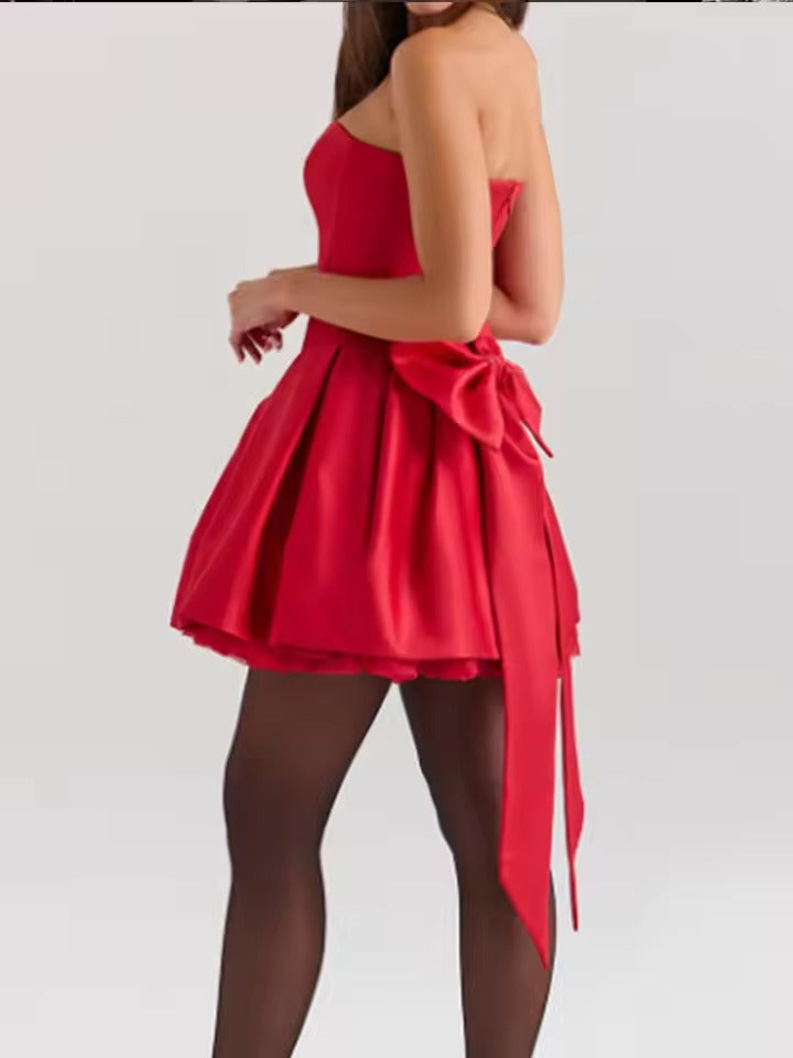 Elegant Backless Strapless High Waist Pleated A-line Bow Mini Dress