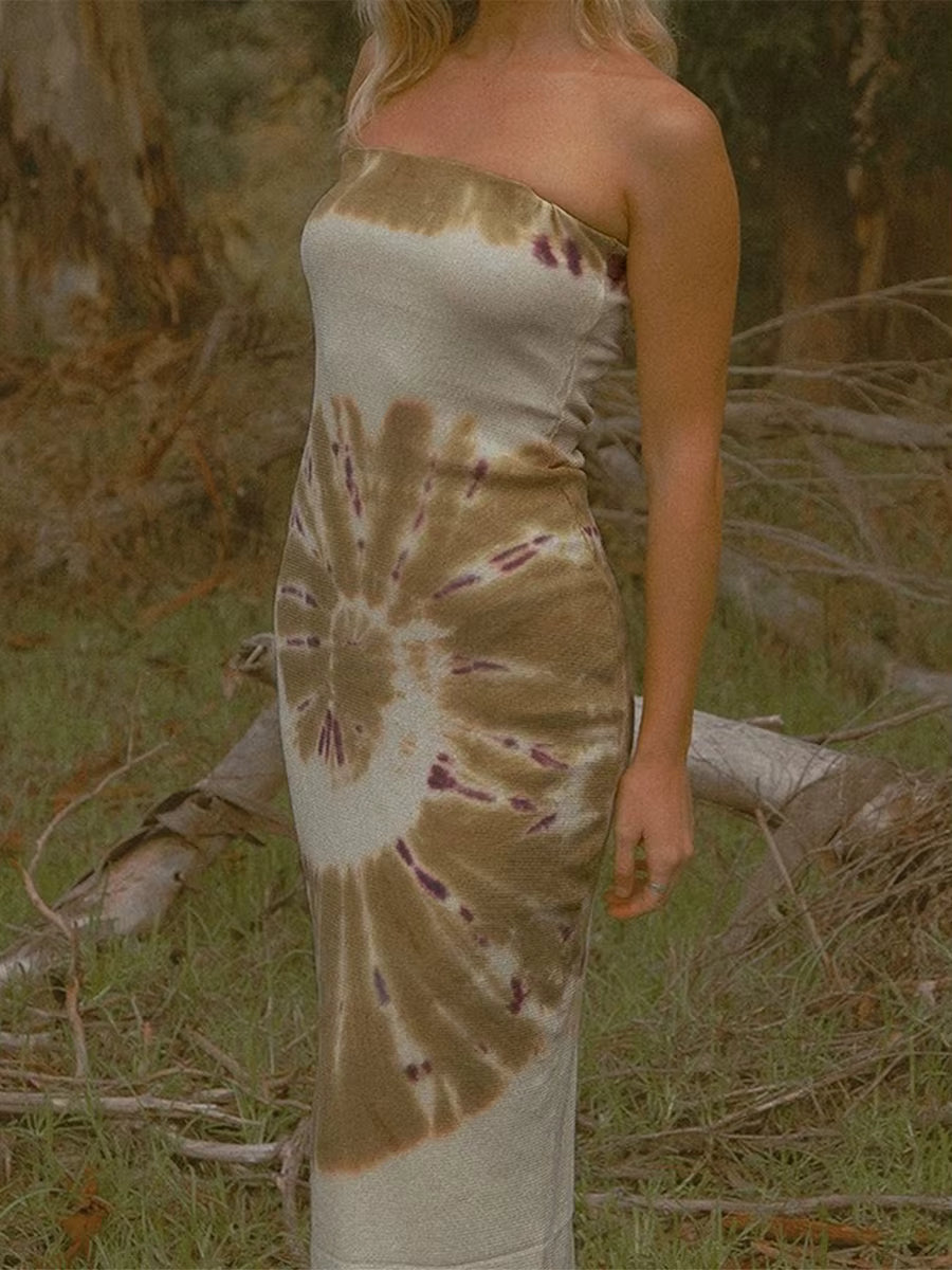 Elegant Backless Strapless Long Tie-Dye Printed Bodycon Maxi Dress