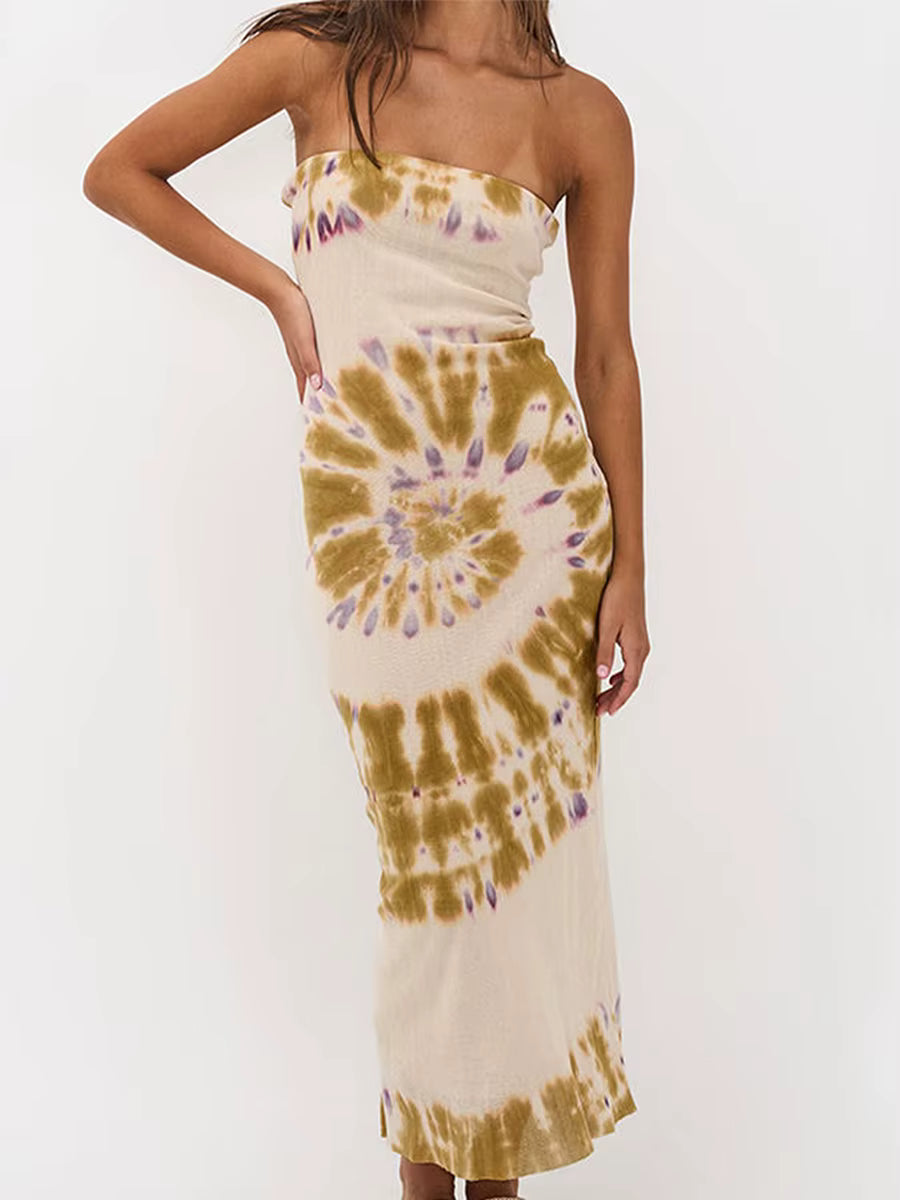 Elegant Backless Strapless Long Tie-Dye Printed Bodycon Maxi Dress