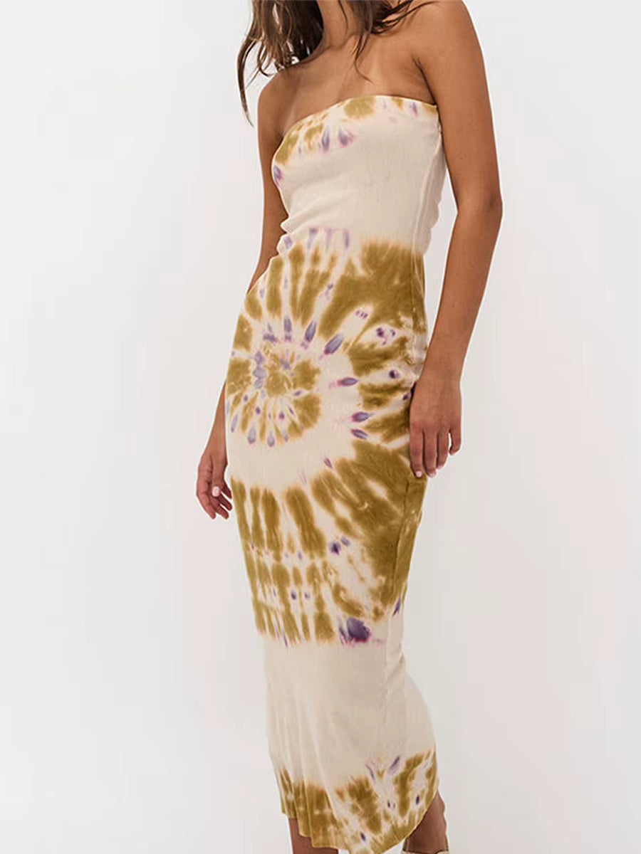 Elegant Backless Strapless Long Tie-Dye Printed Bodycon Maxi Dress