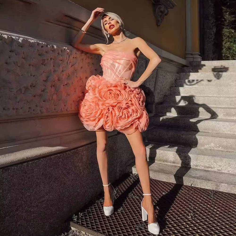 Elegant Backless Strapless Ruffles Flowers Birthday Party Ball Gown
