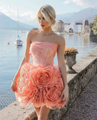 Elegant Backless Strapless Ruffles Flowers Birthday Party Ball Gown