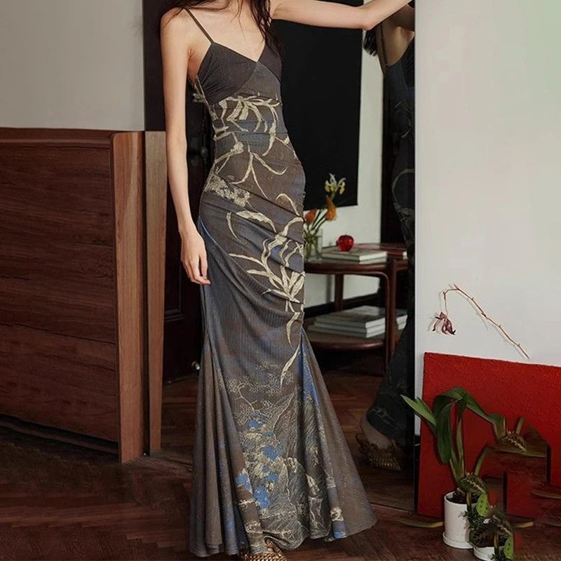 Elegant Backless V-Neck Print Slim Clothing Casual Maxi Dress
