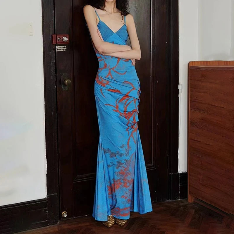 Elegant Backless V-Neck Print Slim Clothing Casual Maxi Dress