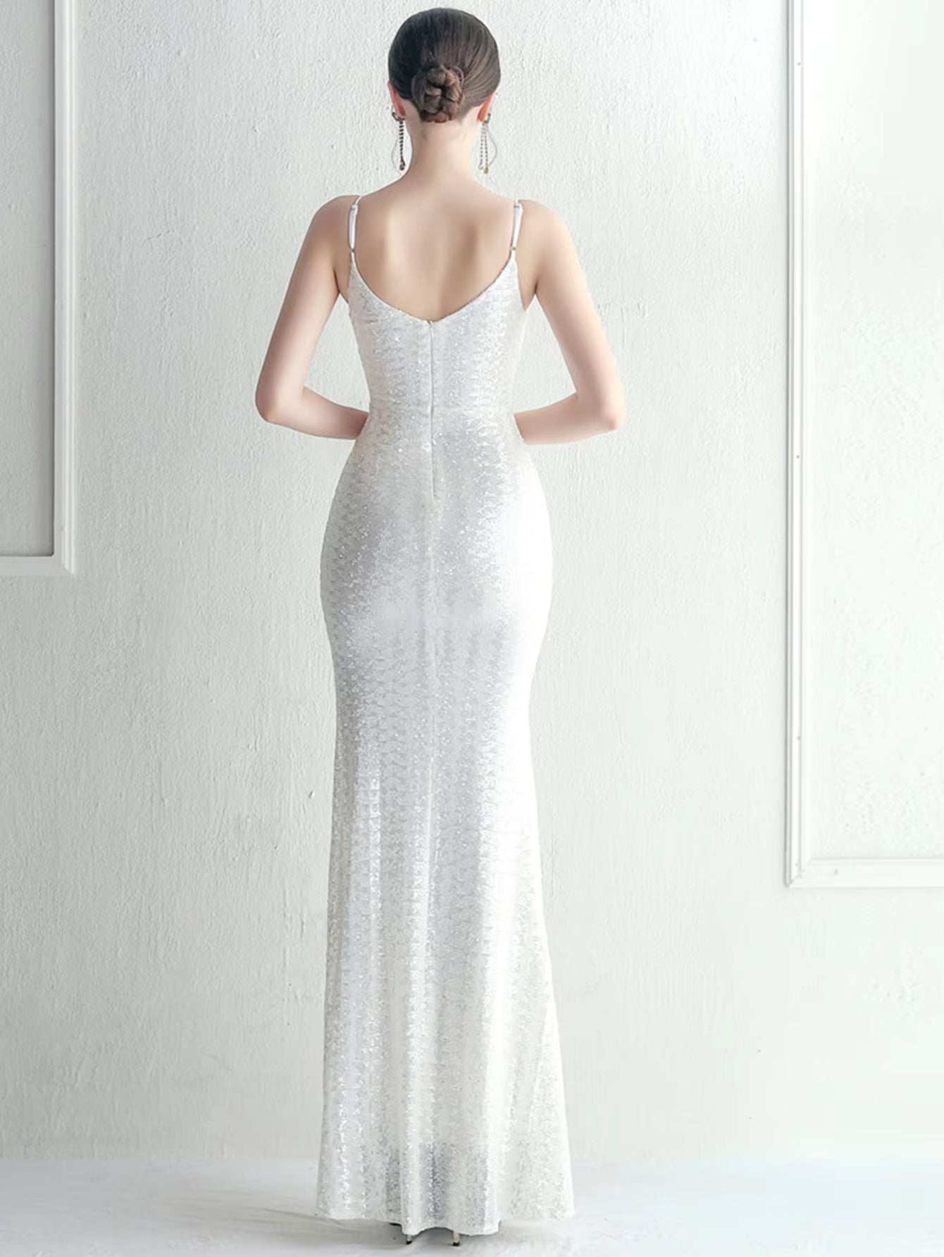 Elegant Backless V-Neck Slip Floor-Length Sequin Maxi Dresses