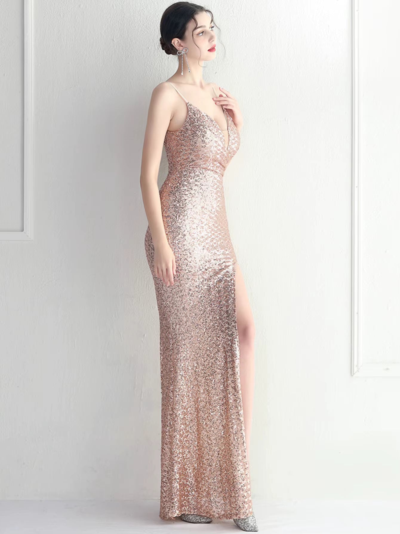 Elegant Backless V-Neck Slip Floor-Length Sequin Maxi Dresses