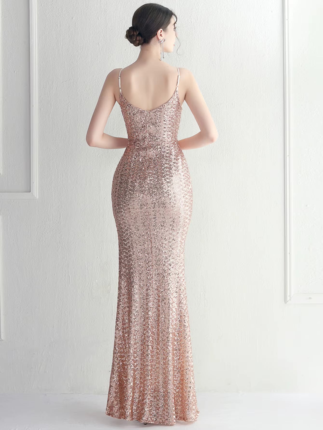 Elegant Backless V-Neck Slip Floor-Length Sequin Maxi Dresses