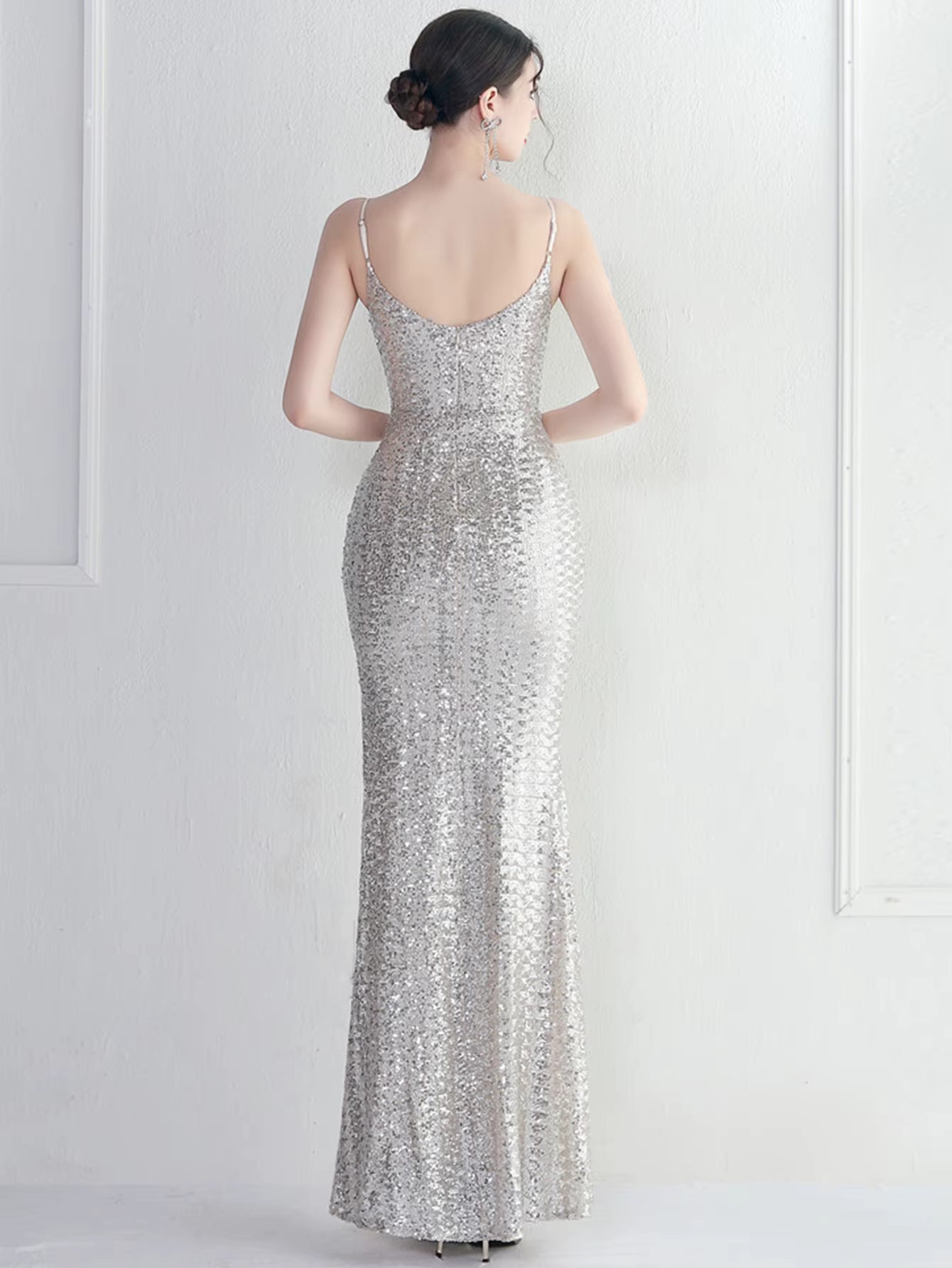 Elegant Backless V-Neck Slip Floor-Length Sequin Maxi Dresses