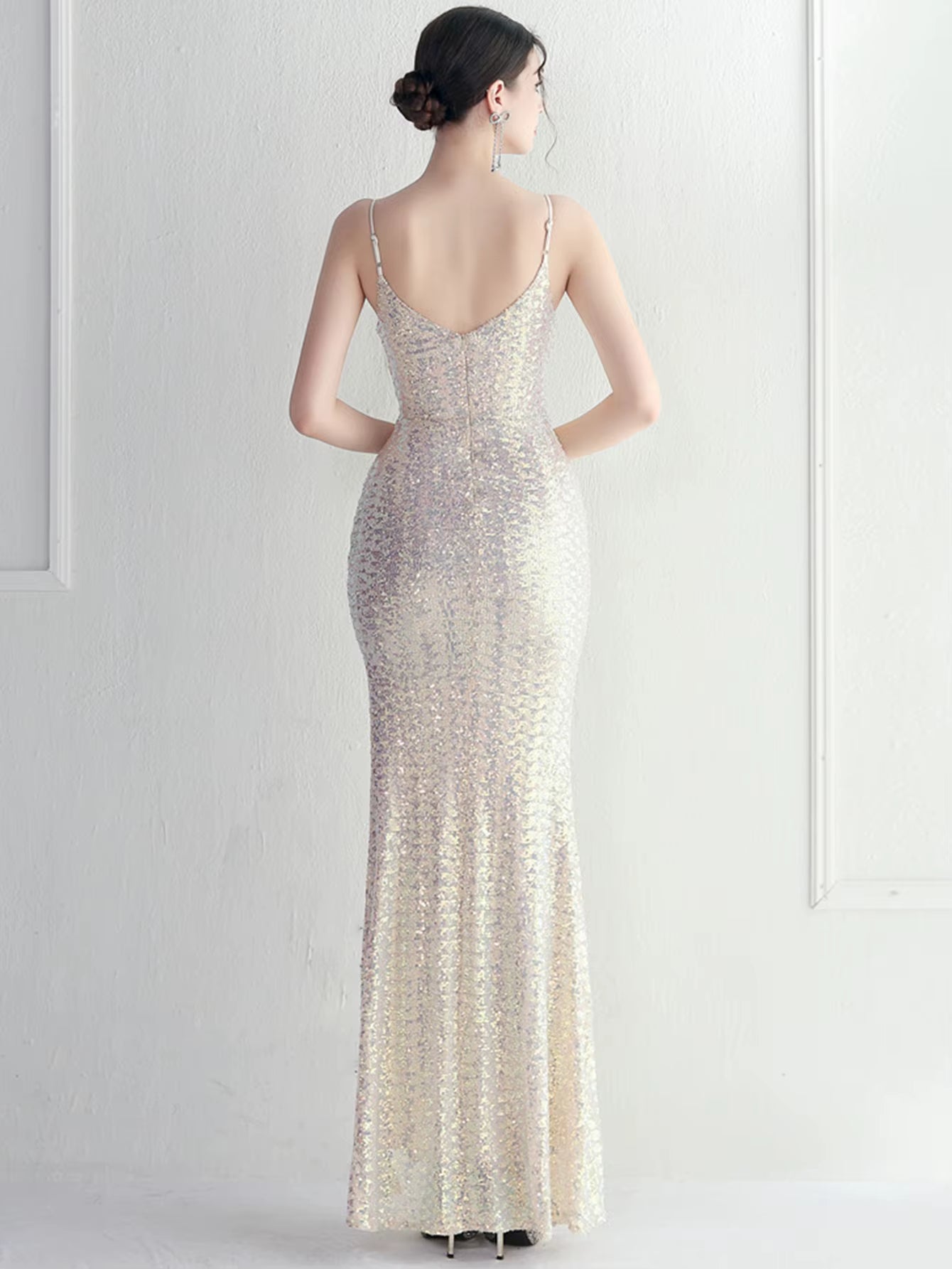 Elegant Backless V-Neck Slip Floor-Length Sequin Maxi Dresses