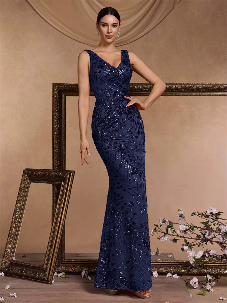 Elegant Backless V-neck Floor-Length Formal Evening Prom Maxi Dresses