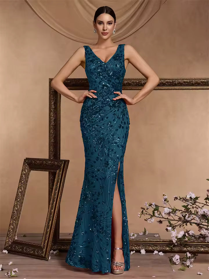 Elegant Backless V-neck Floor-Length Formal Evening Prom Maxi Dresses