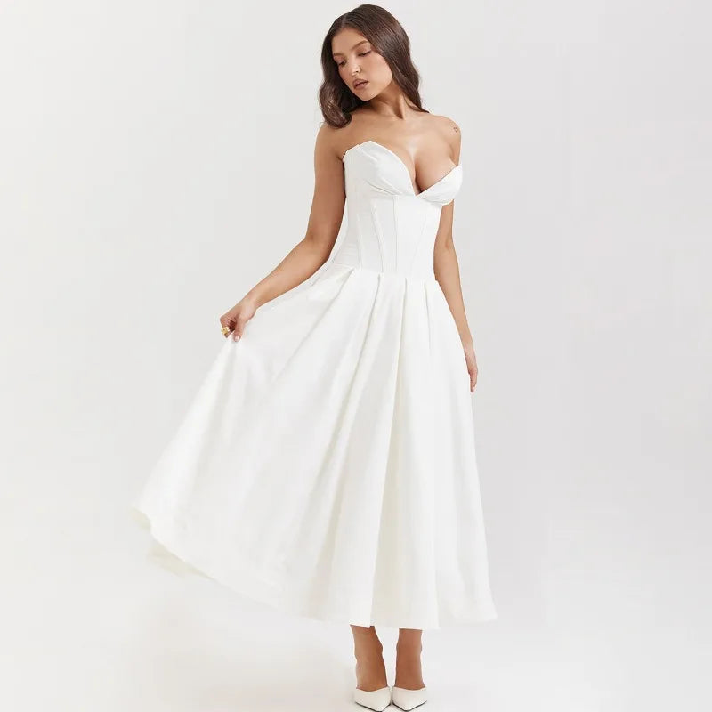 Elegant Backless V-neck High Waist Solid Color Strapless Sleeveless Long Dress