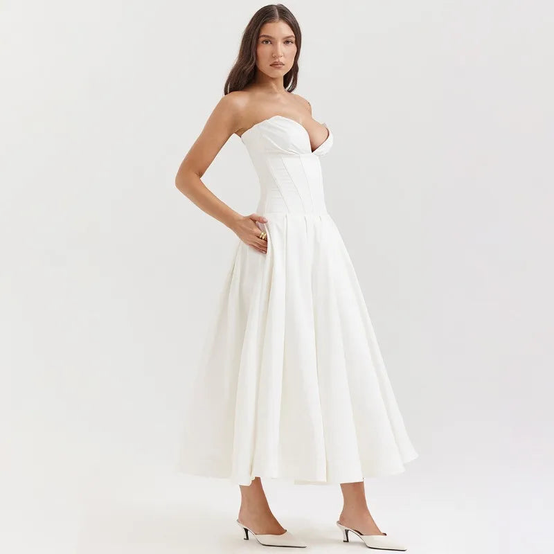 Elegant Backless V-neck High Waist Solid Color Strapless Sleeveless Long Dress