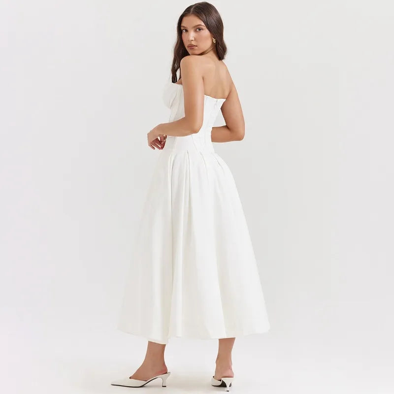 Elegant Backless V-neck High Waist Solid Color Strapless Sleeveless Long Dress