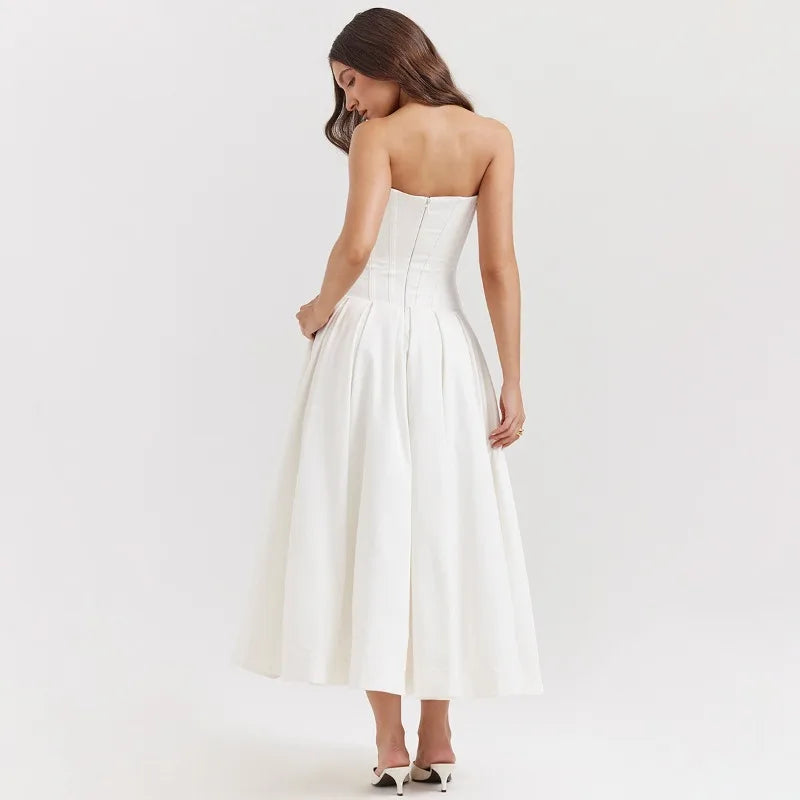 Elegant Backless V-neck High Waist Solid Color Strapless Sleeveless Long Dress