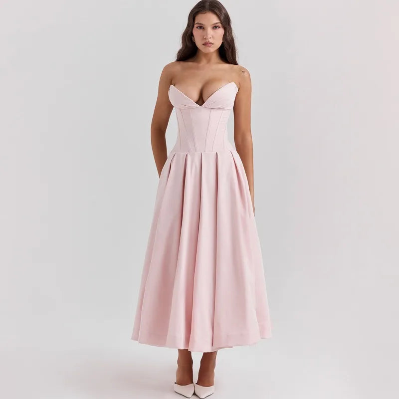 Elegant Backless V-neck High Waist Solid Color Strapless Sleeveless Long Dress