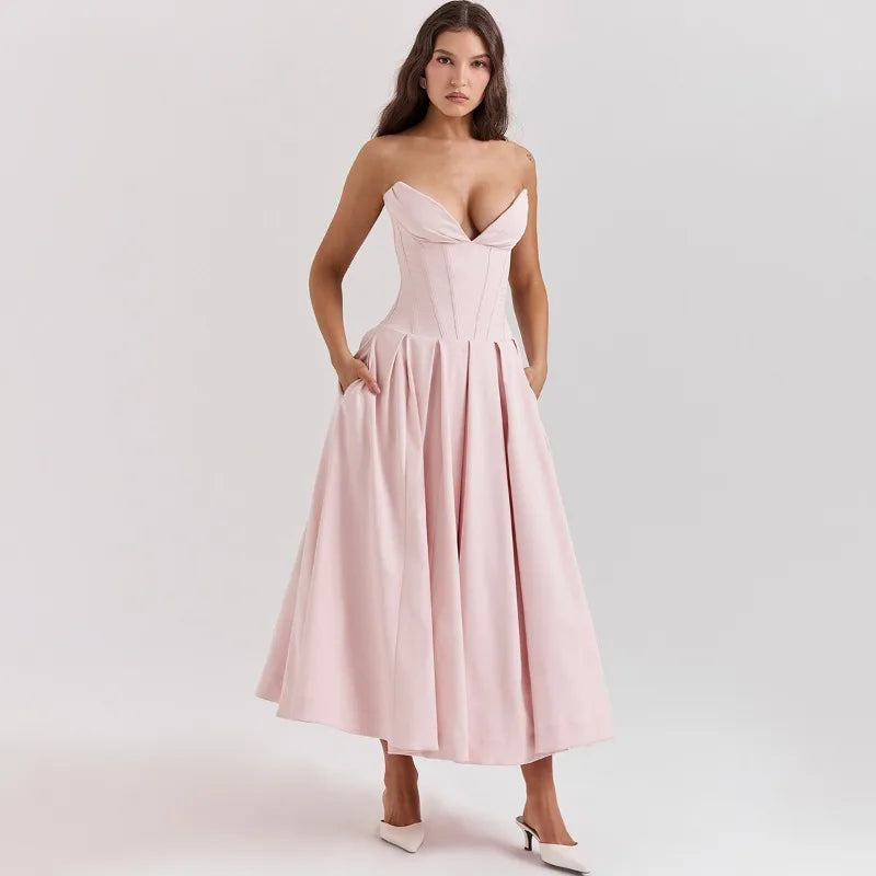 Elegant Backless V-neck High Waist Solid Color Strapless Sleeveless Long Dress