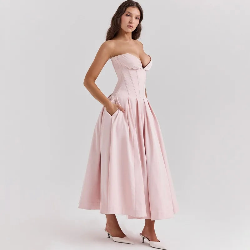 Elegant Backless V-neck High Waist Solid Color Strapless Sleeveless Long Dress