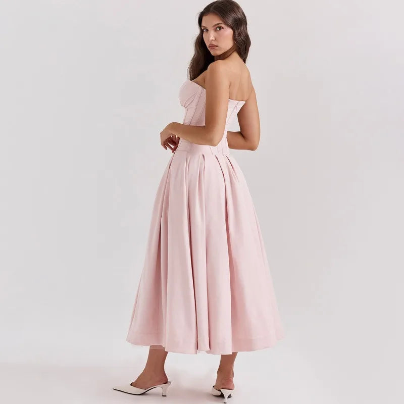Elegant Backless V-neck High Waist Solid Color Strapless Sleeveless Long Dress