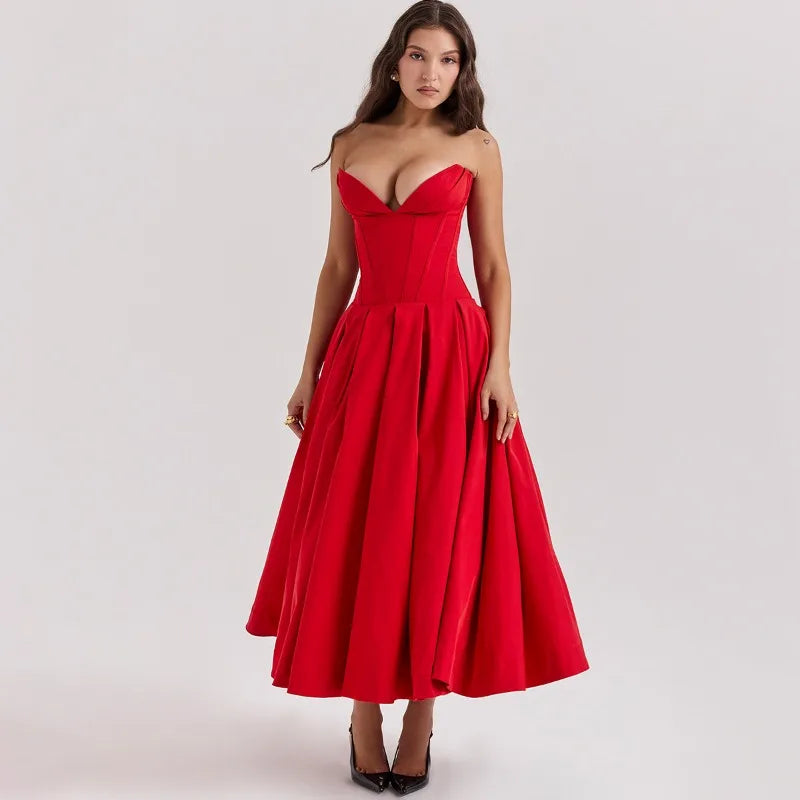 Elegant Backless V-neck High Waist Solid Color Strapless Sleeveless Long Dress