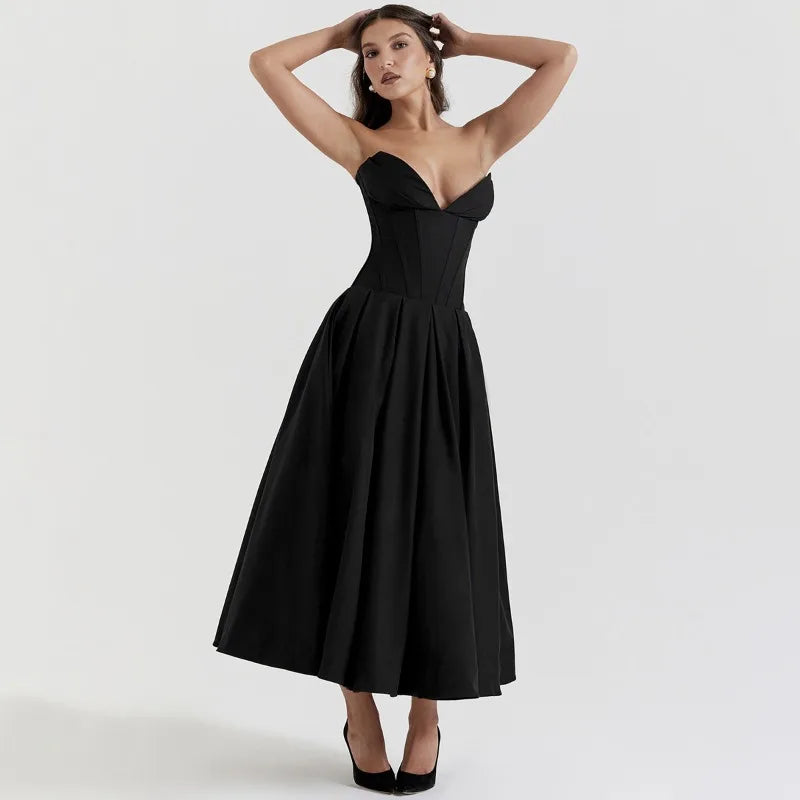Elegant Backless V-neck High Waist Solid Color Strapless Sleeveless Long Dress